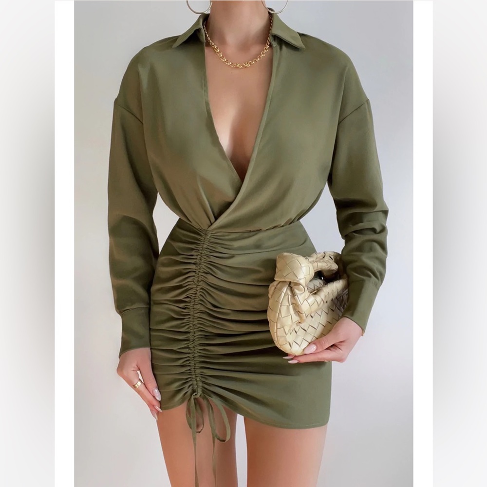 Green Long Sleeve Ruched Mini Dress